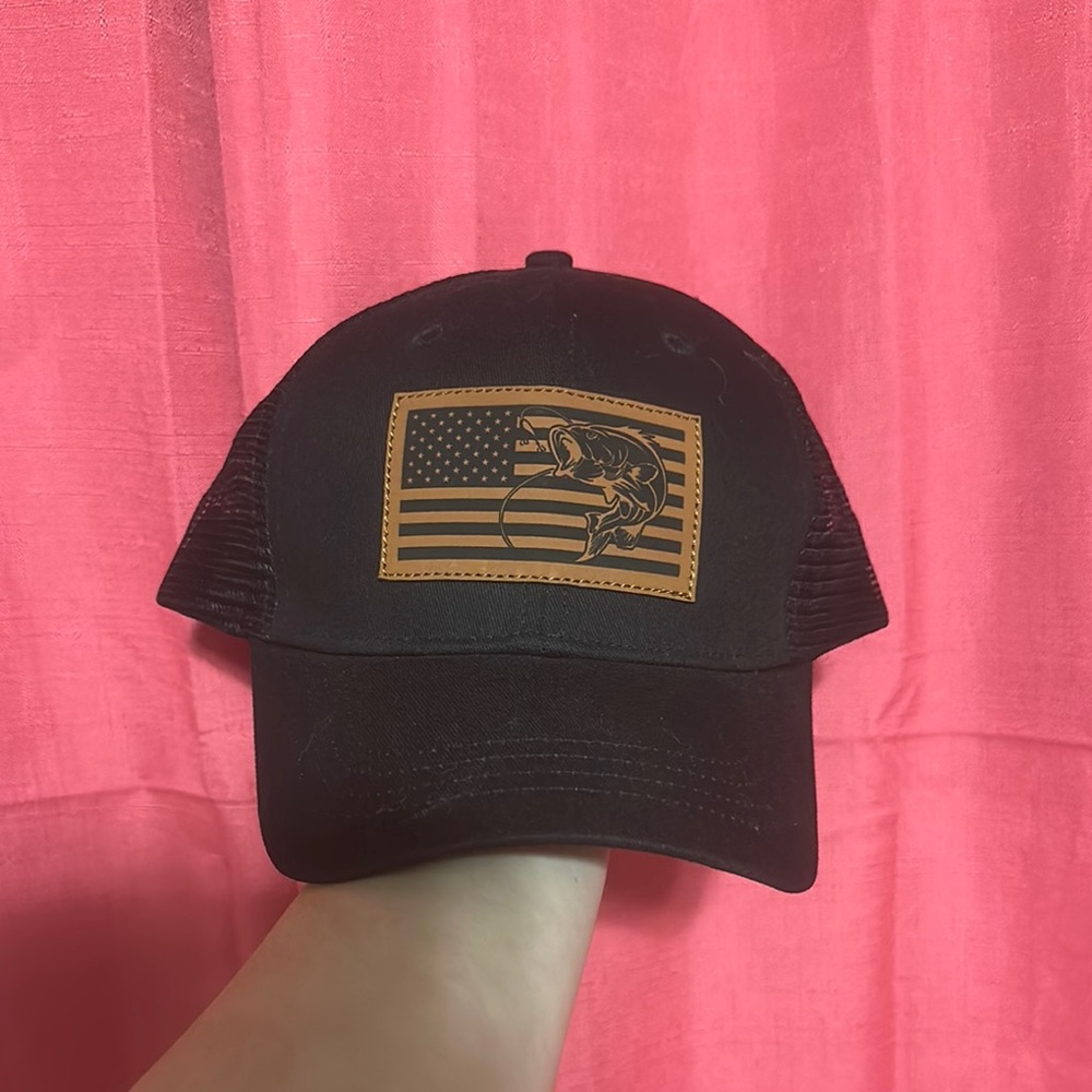 Black Trucker Hat with Fish Flag Patch